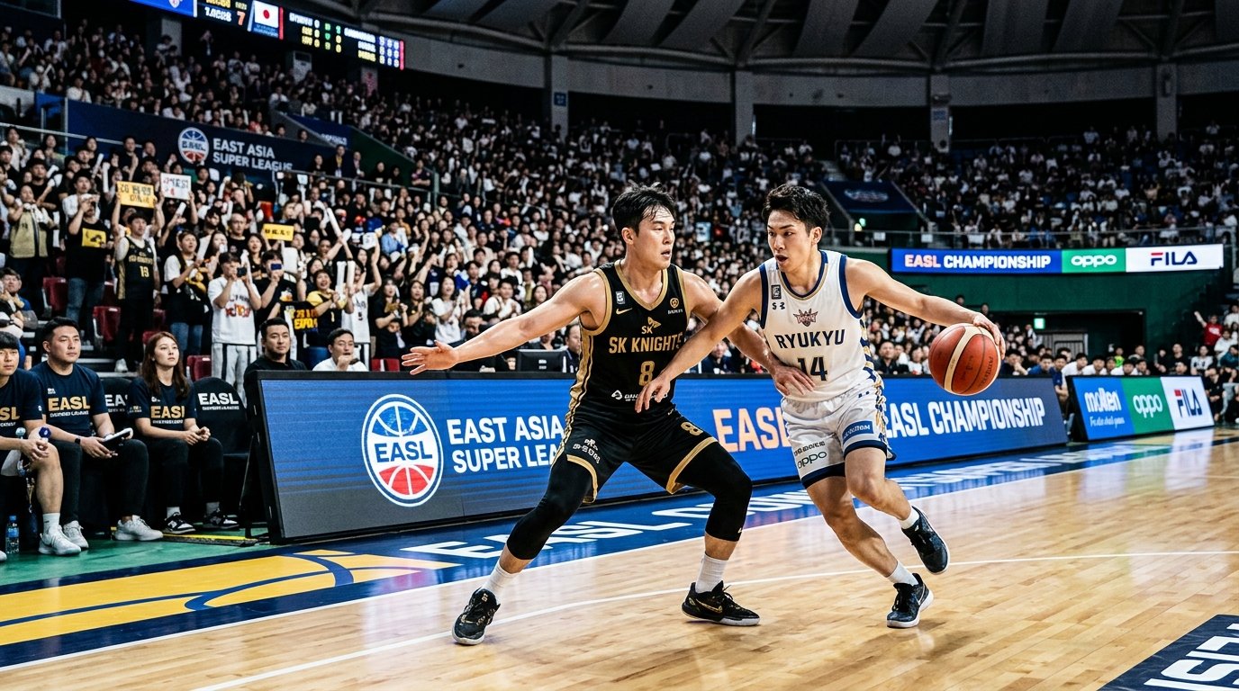 East Asia Super League perimeter defense between Ryukyu Golden Kings in black-gold and white-blue jerseys