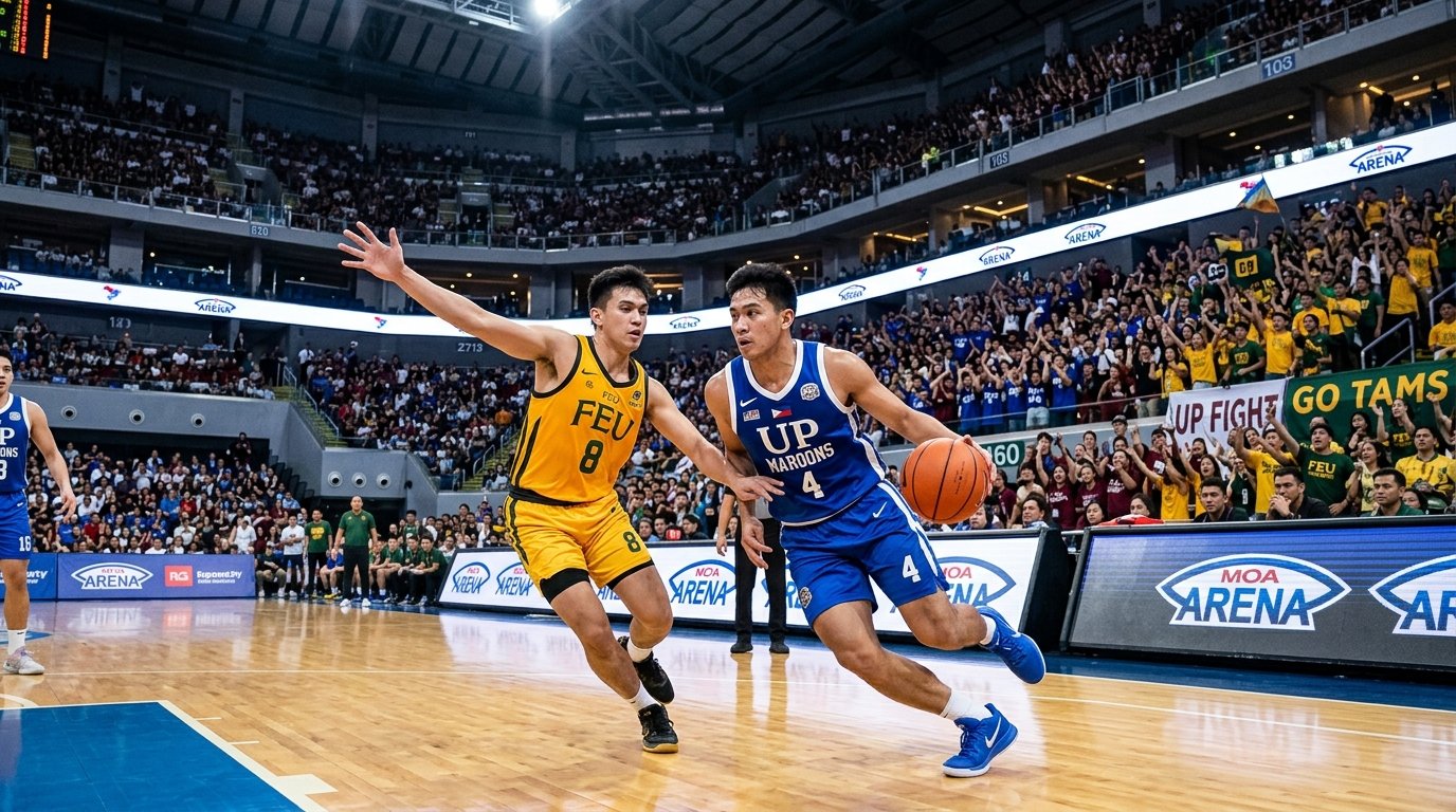 FEU Tamaraws guard in gold and green jersey driving past blue defender in packed UAAP arena