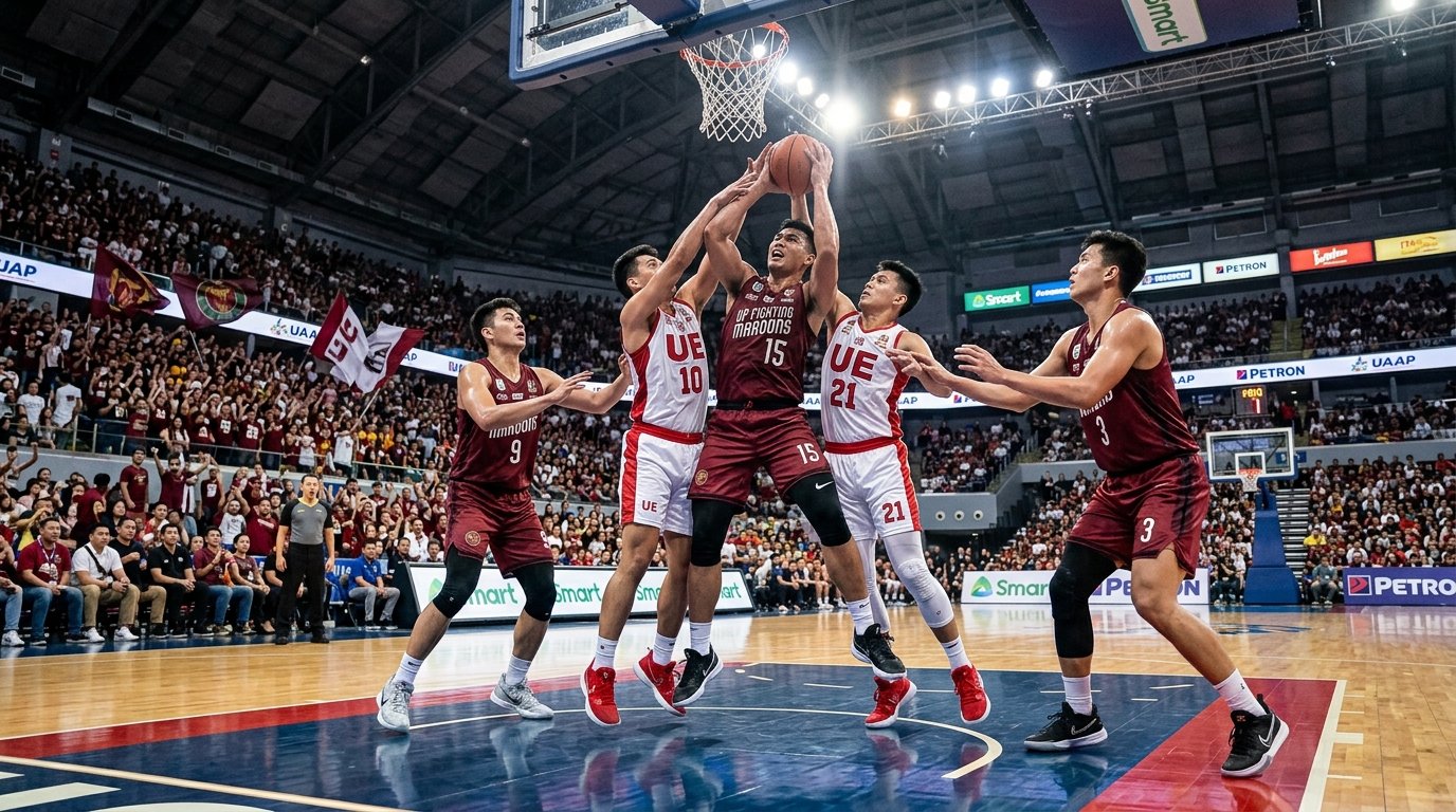 UP Fighting Maroons and UE Red Warriors battling for a rebound in UAAP collegiate basketball action